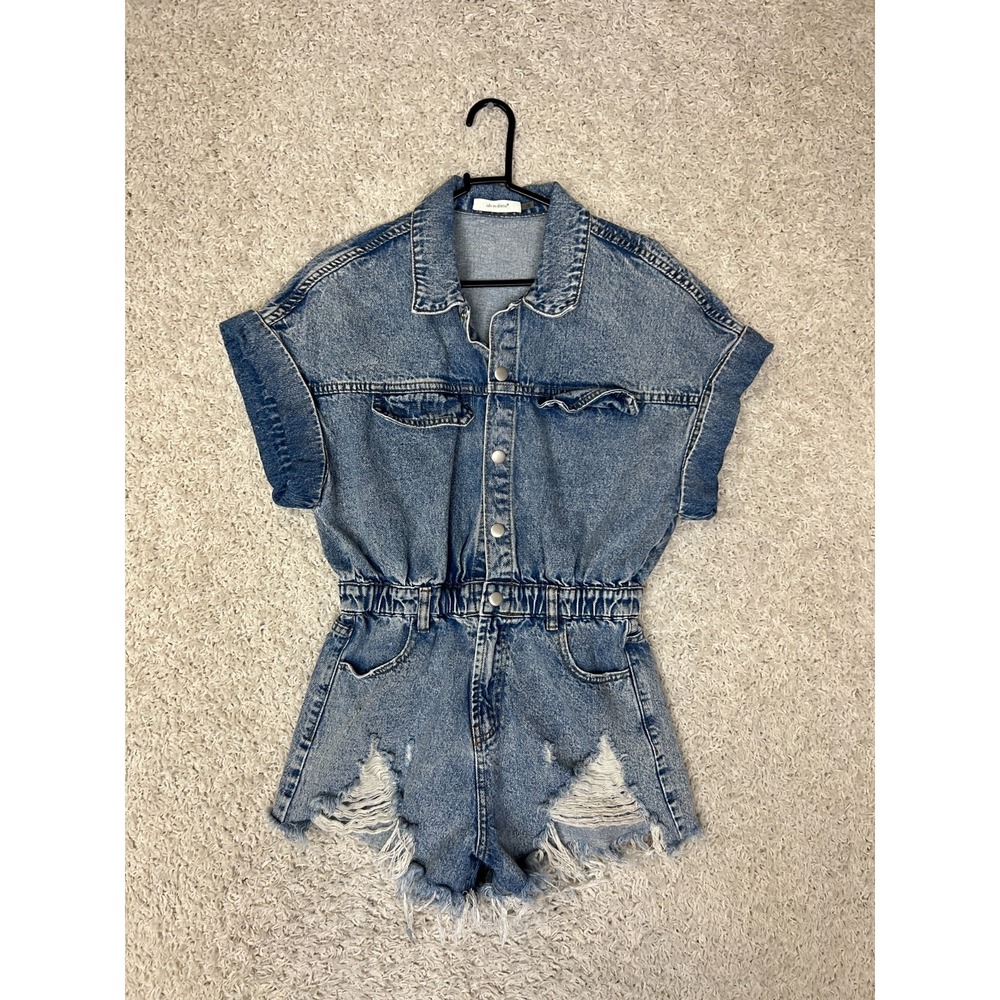 Denim Short Sleeve Romper - Blue Distressed Jean Jumpsuit